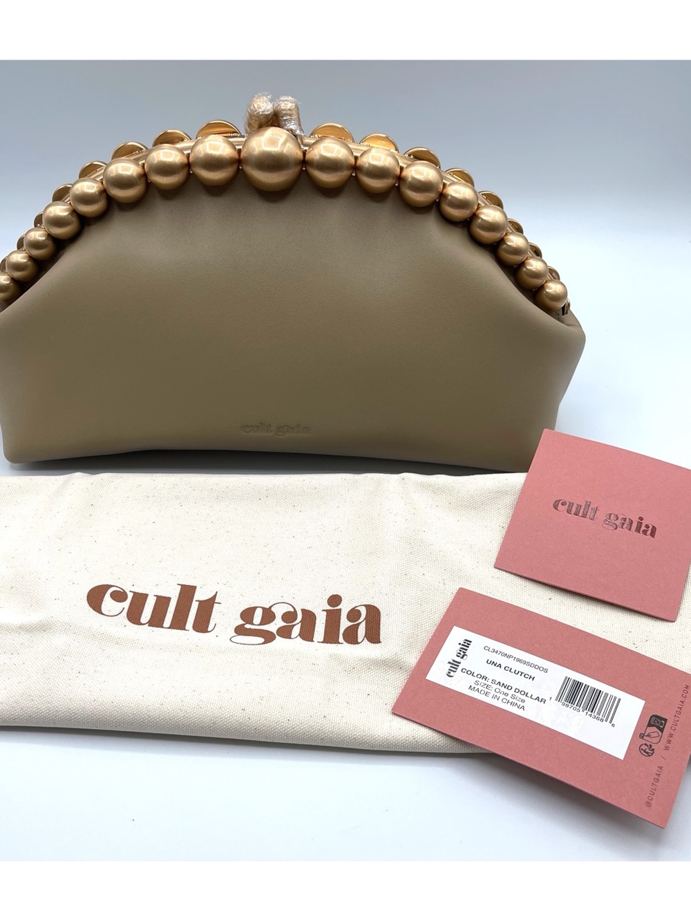 CULT GAIA Una Gold Pearl Detail Leather Sand Dollar Clutch - Picture 10 of 11